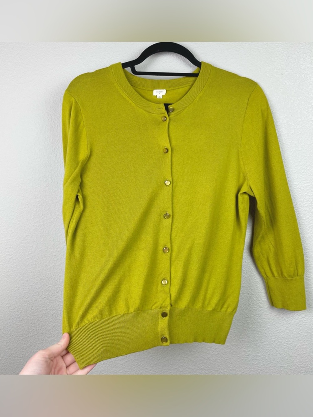 J. Crew Women's Large Chartreuse 3/4 Sleeve Button Front 100% Cotton Cardigan - Picture 7 of 16